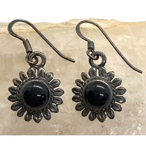 Vintage Black Onyx Flower Dangle Drop Earrings Sterling 925 Silver‎ 4.4g Patina